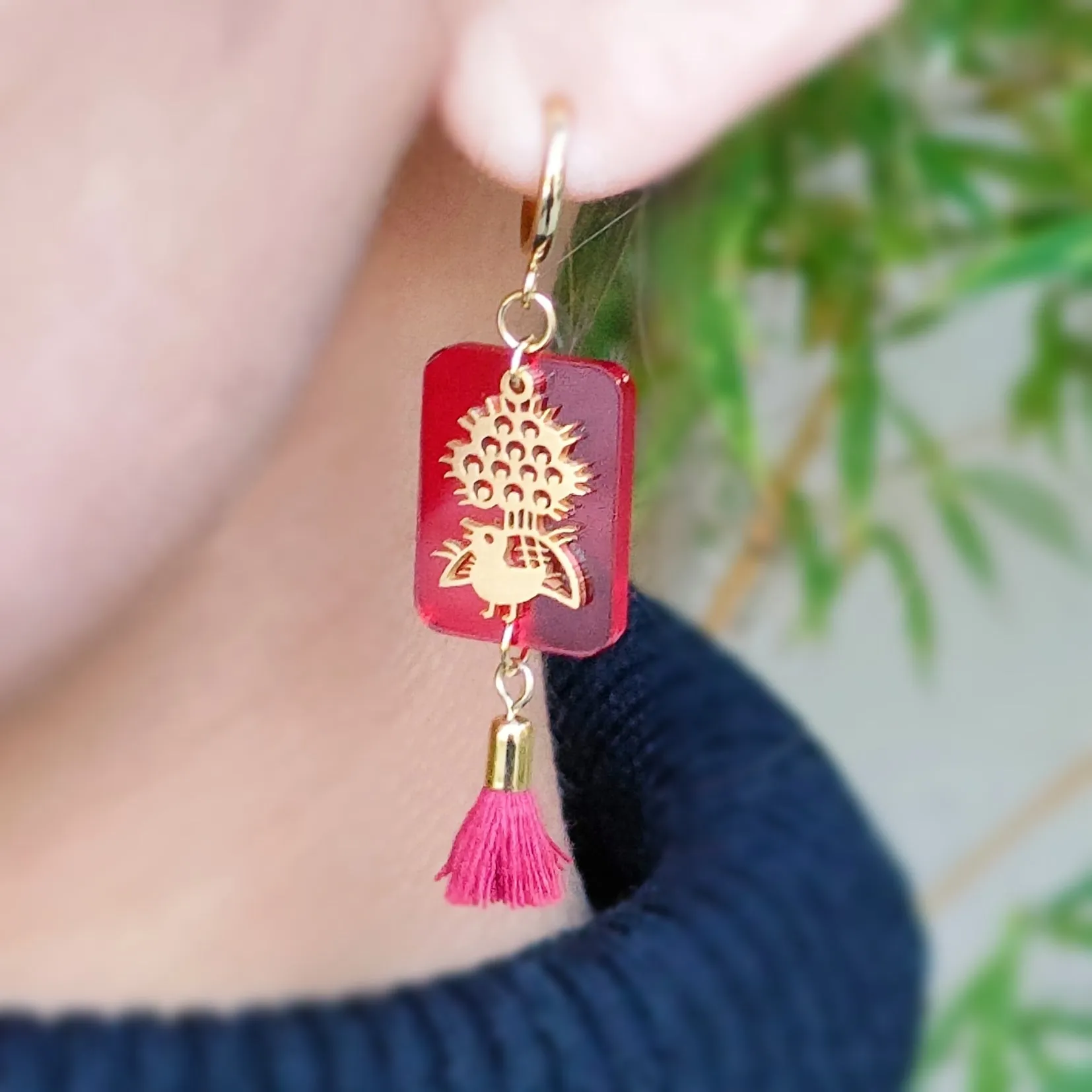 1-bamboos tile&tassel  earrings