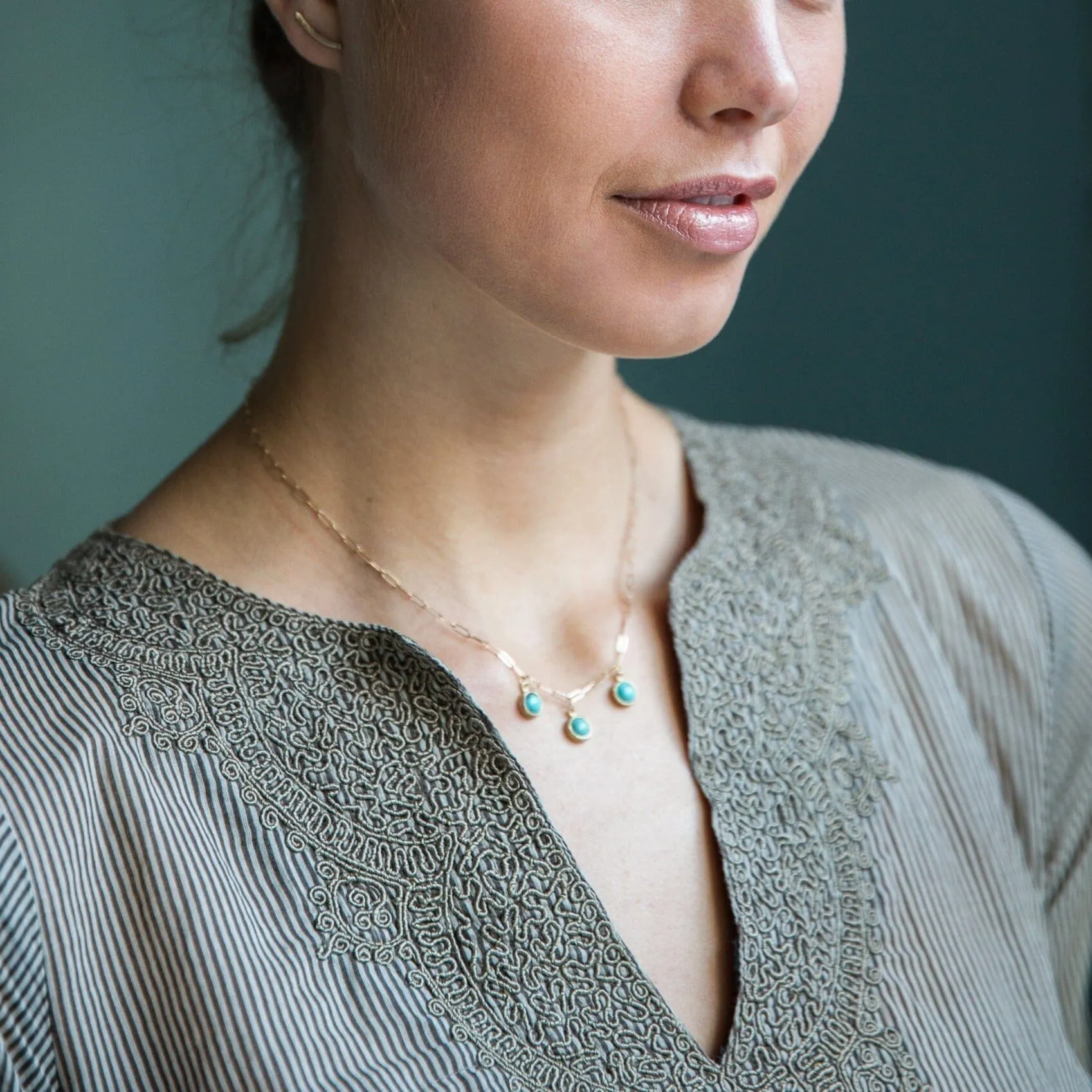 10K Semi-Precious Three Stone Drop Necklace in Chrysoprase