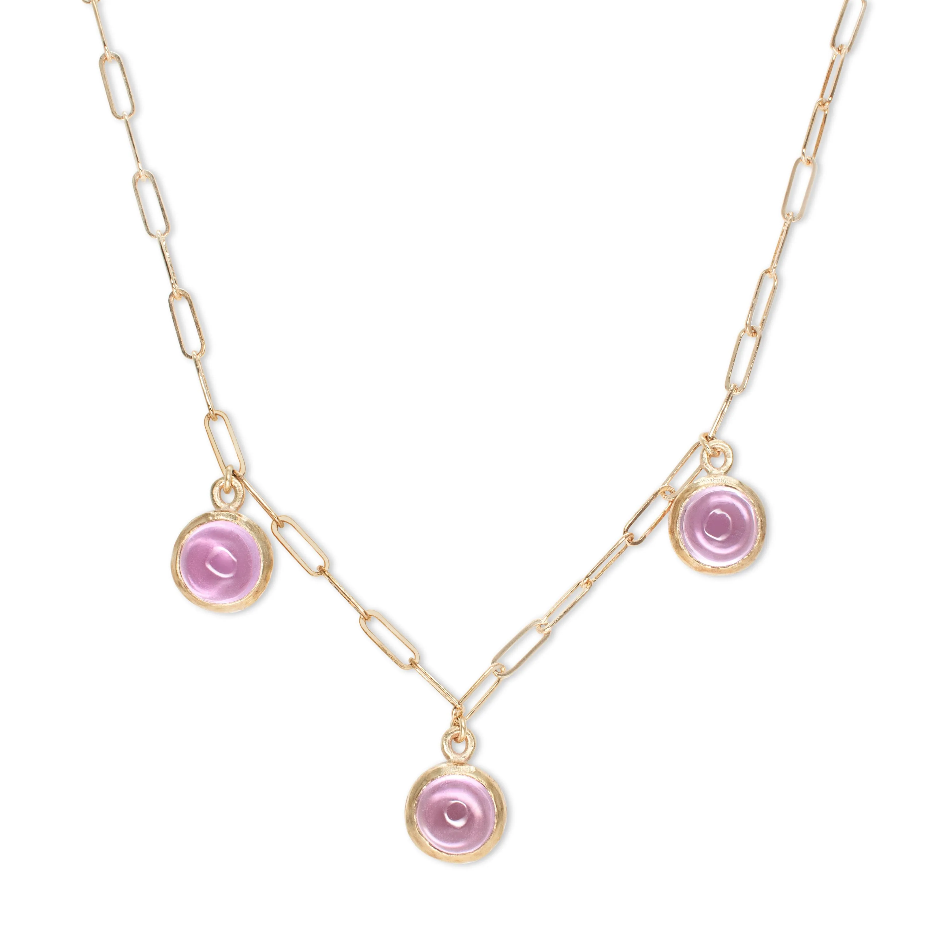 10K Semi-Precious Three Stone Drop Necklace in Pink Sapphire