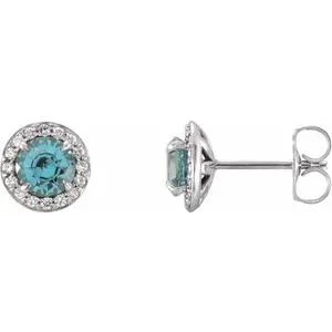 14K White 3.5 mm Natural Blue Zircon & 1/8 CTW Natural Diamond Earrings