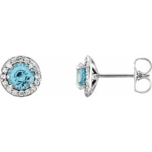 14K White 3.5 mm Natural Blue Zircon & 1/8 CTW Natural Diamond Earrings