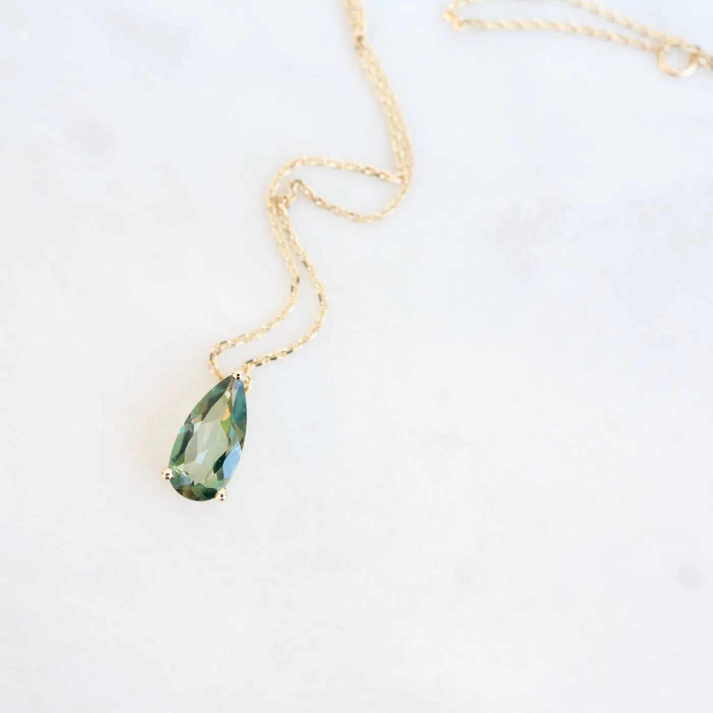 14k Yellow Gold Pear Shaped Green Envy Topaz Necklace