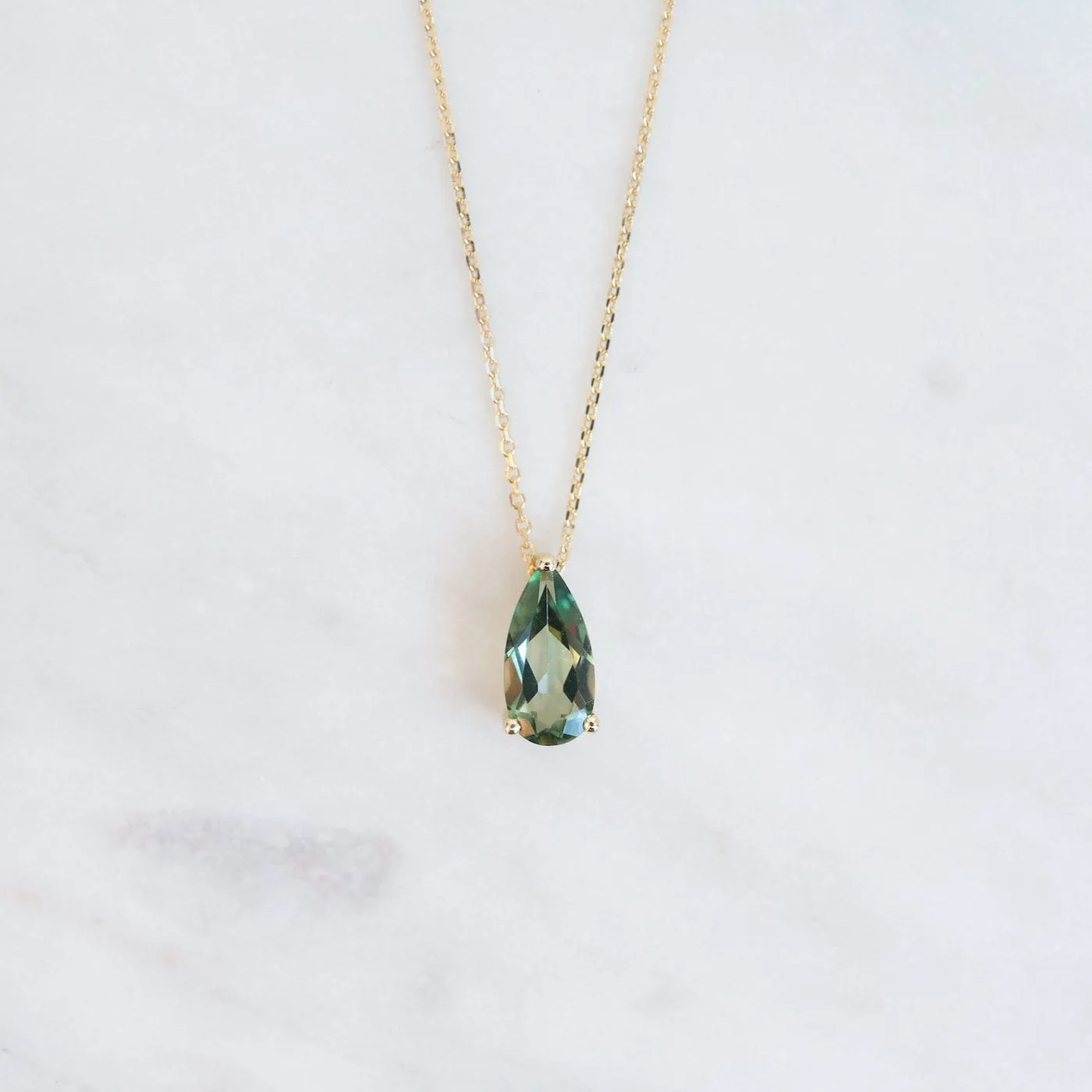 14k Yellow Gold Pear Shaped Green Envy Topaz Necklace