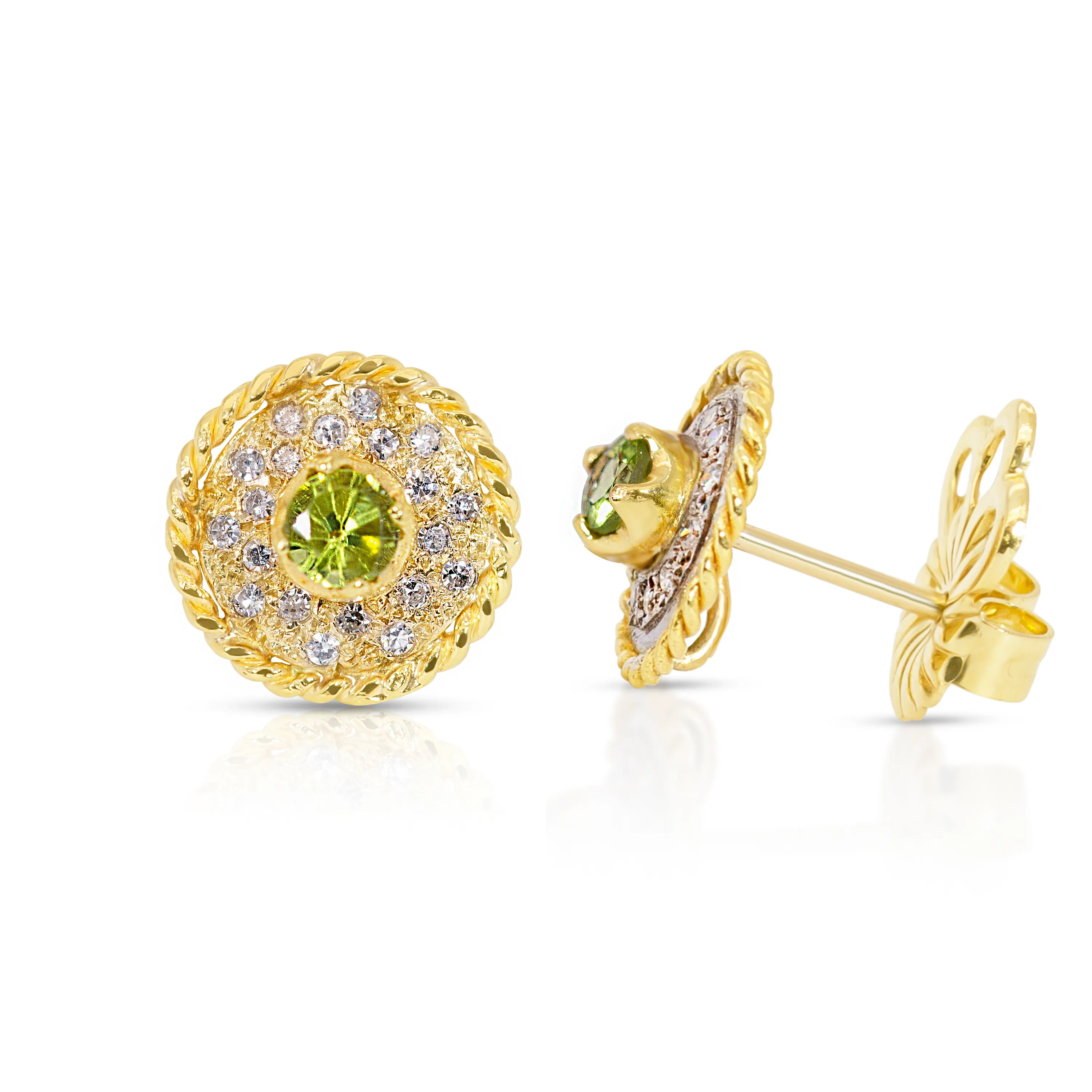 18K Gold, Peridot and Diamond Pave Braided Round SW Earrings