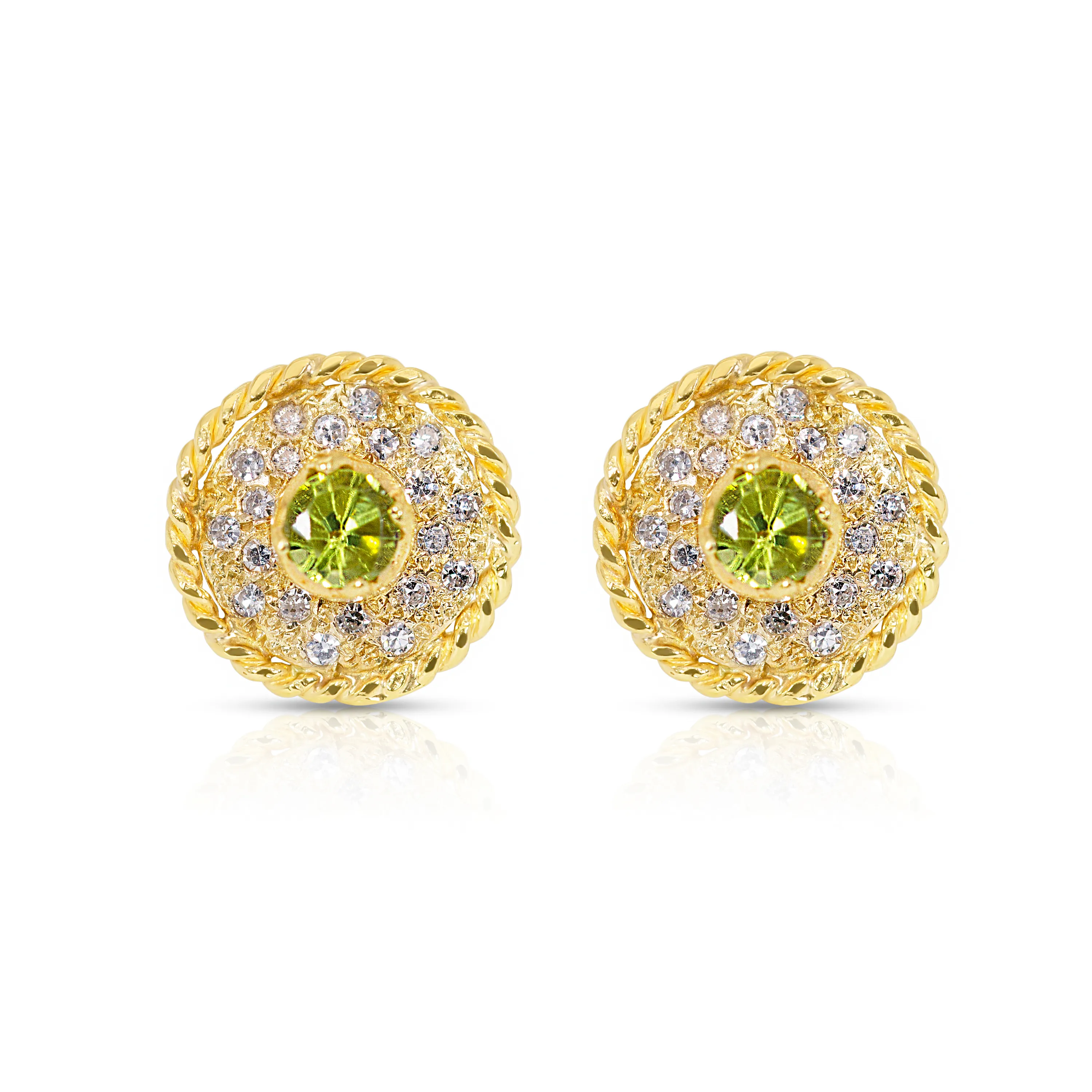 18K Gold, Peridot and Diamond Pave Braided Round SW Earrings