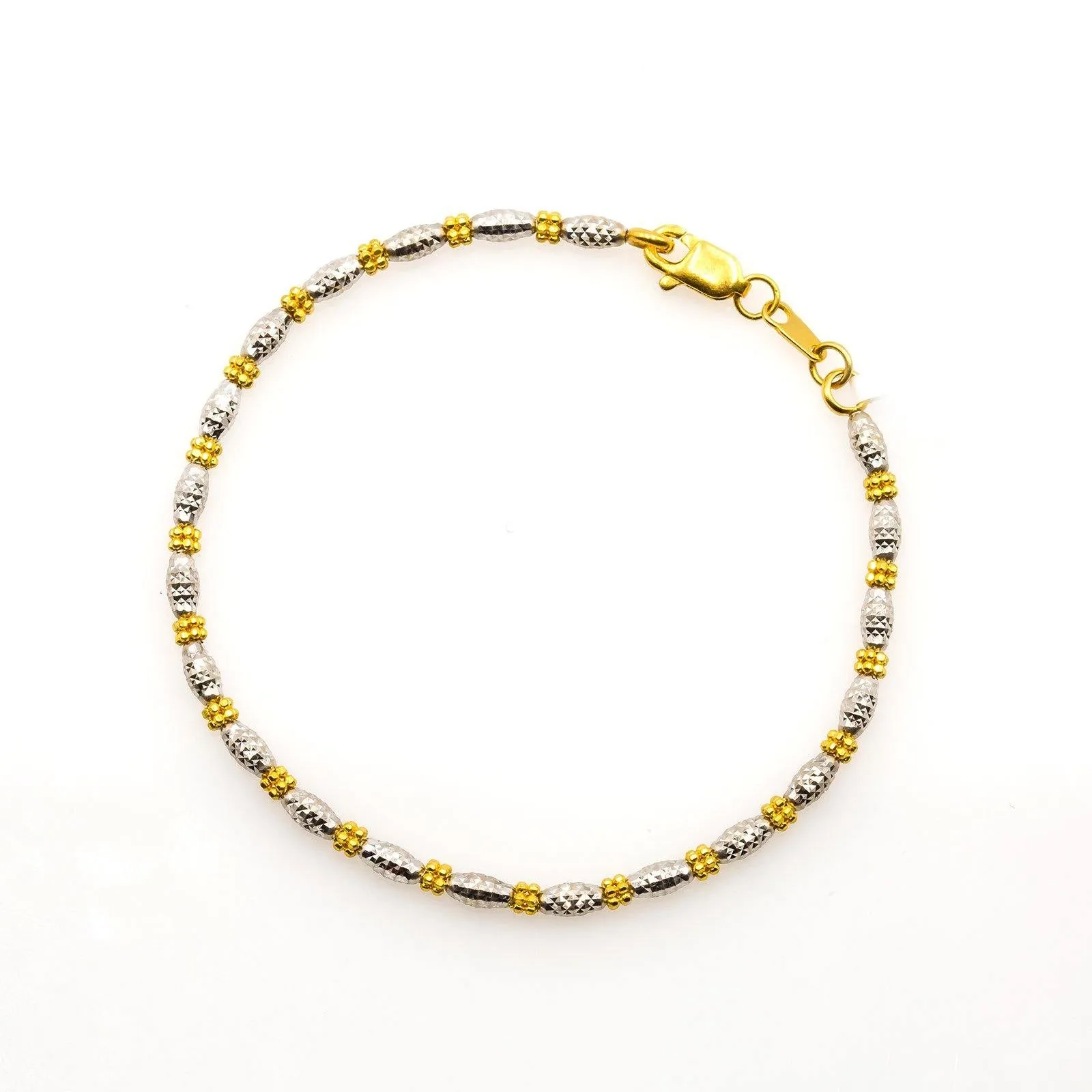 22K Multi Tone Gold Bracelet W/ Textured Barrel & Clustered Gold Beads