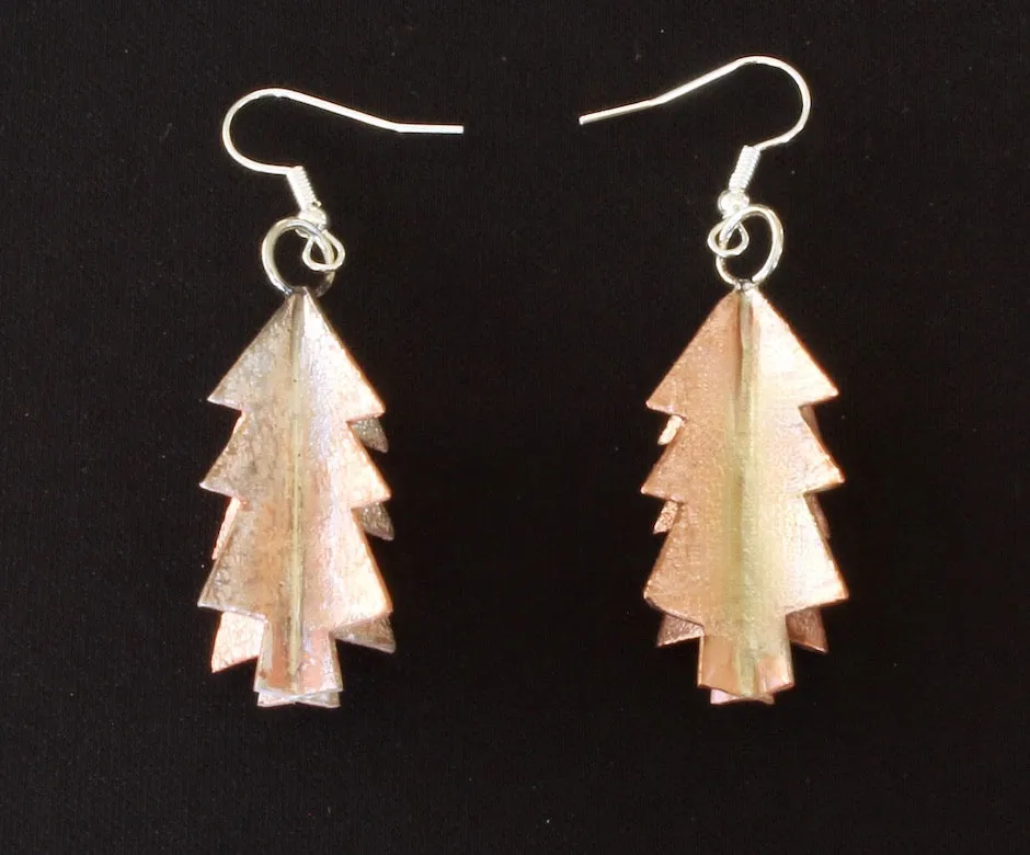 3D Sterling Silver-Dusted Copper Christmas Tree Earrings with Sterling Silver Earring Wires