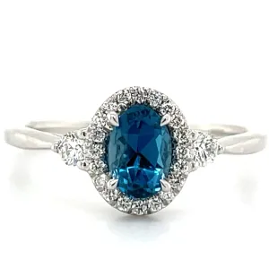 9ct White Gold Earth Grown 0.57ct London Blue topaz and 0.21ct Diamond Halo Ring