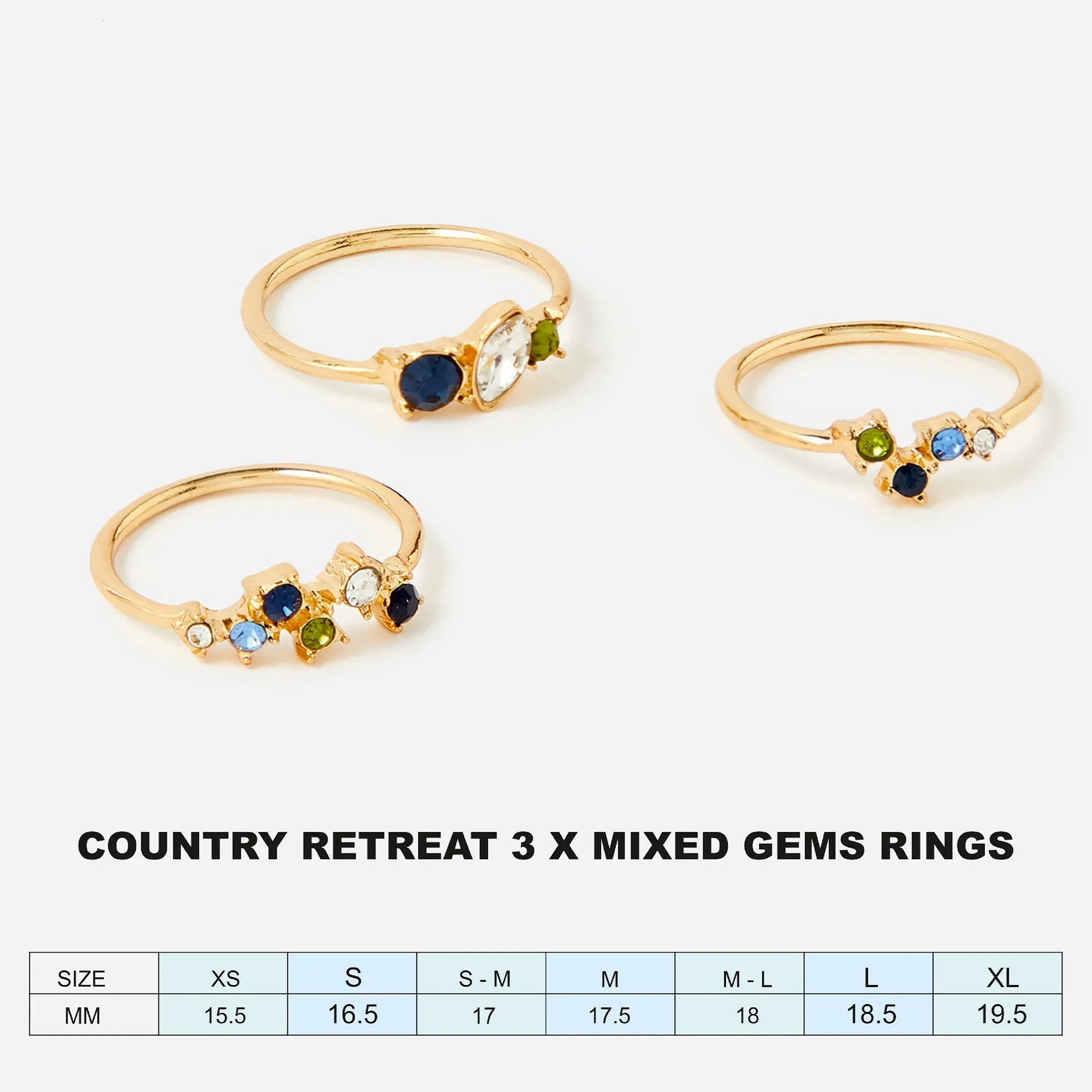 Accessorize London Women's Country Retreat Set Of 3  Mixed Gems Rings Small