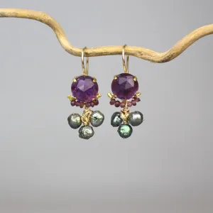 Amethyst Pearl Clover Earrings