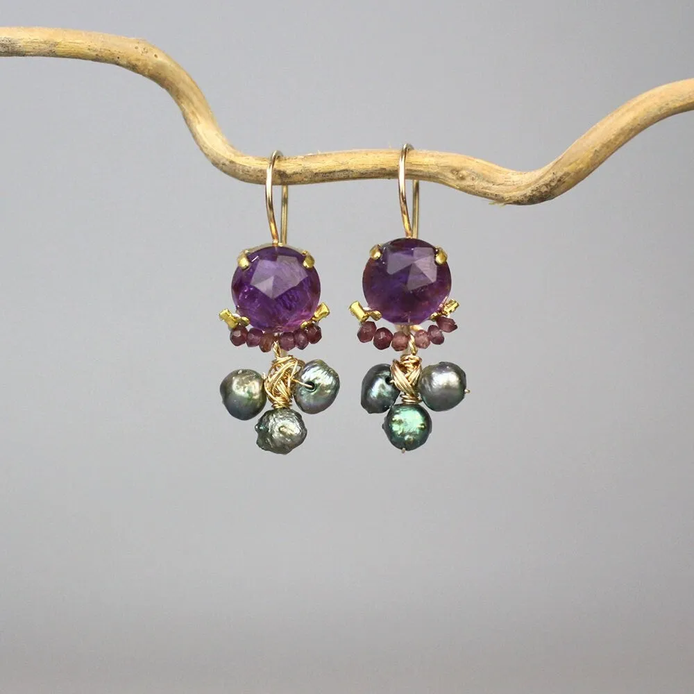 Amethyst Pearl Clover Earrings