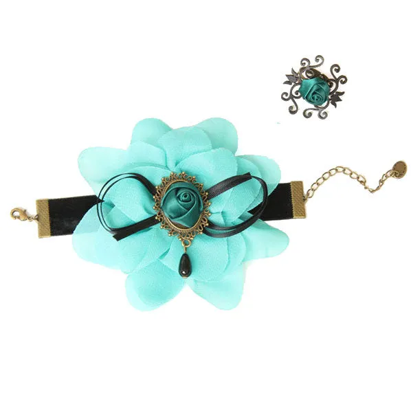 Aqua Blue Floral Bracelet w/ Rose Ring Set