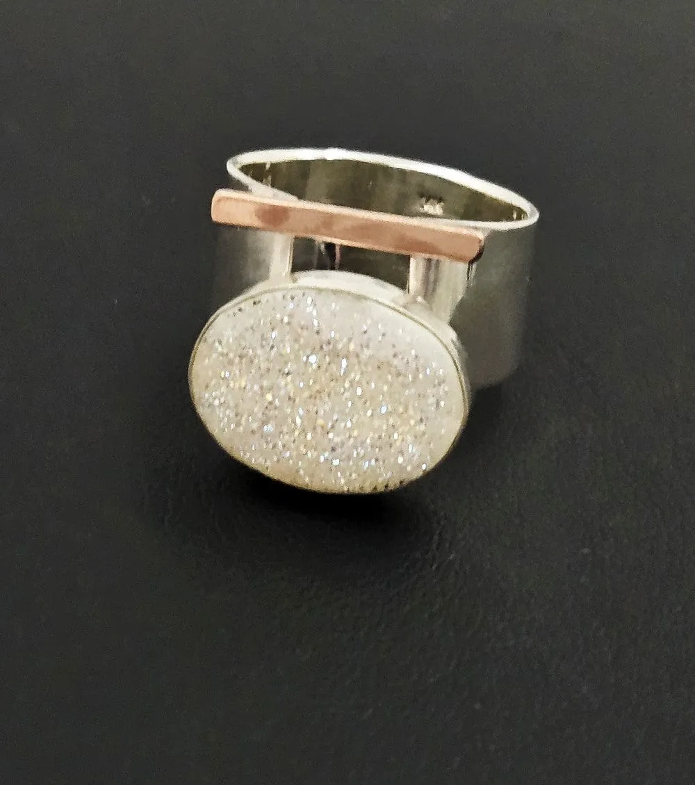 Artisan Made Sterling 14k Drusy Quartz Crystal Bold Modernist Cocktail Ring