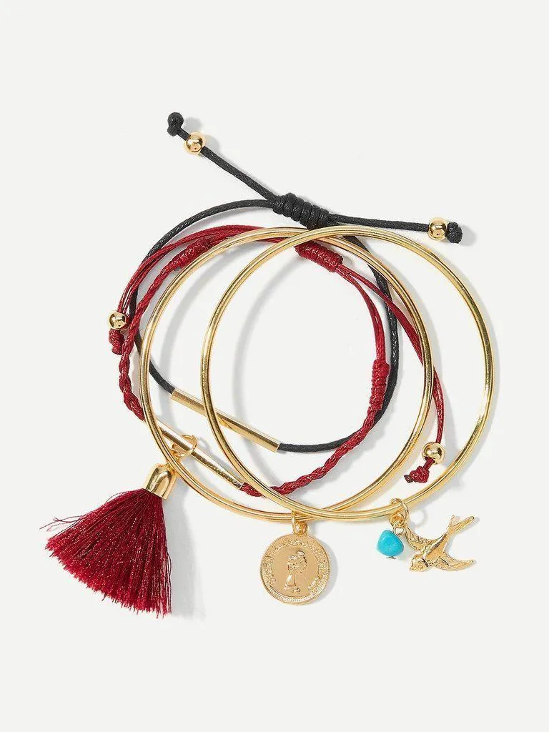 Bird & Tassel Detail Bracelets Set 4pcs