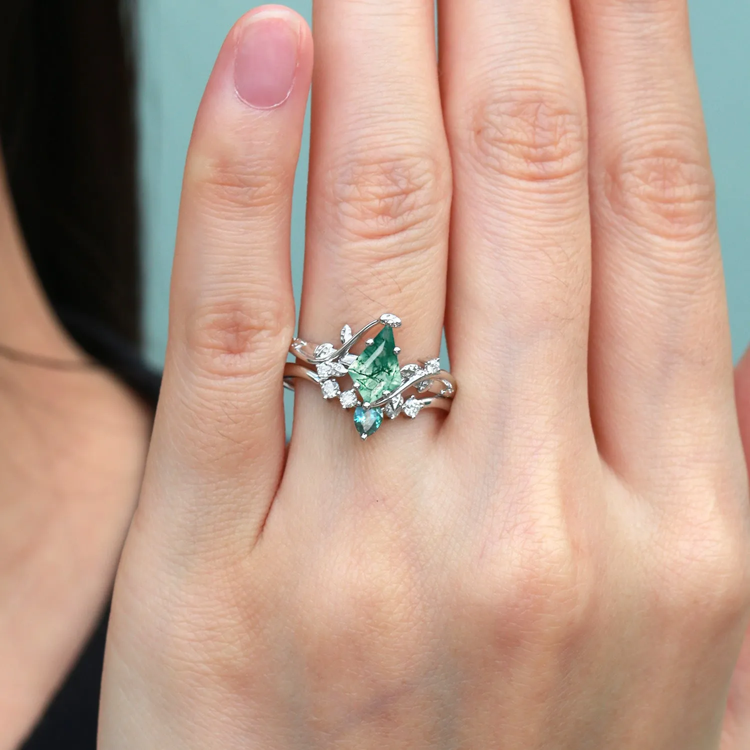 Black Gold Moss Agate & Green Sapphire Leafy Ring Sets 2pcs - Willow