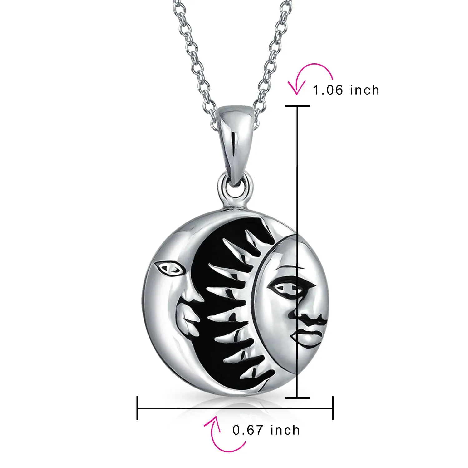 Celestial Black Enamel Crescent Moon Sun Pendant Necklace Sterling Silver Teens