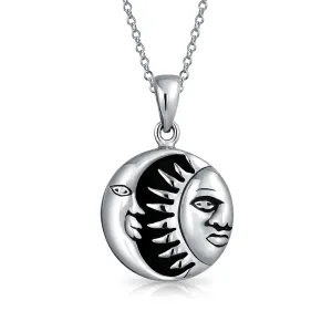 Celestial Black Enamel Crescent Moon Sun Pendant Necklace Sterling Silver Teens