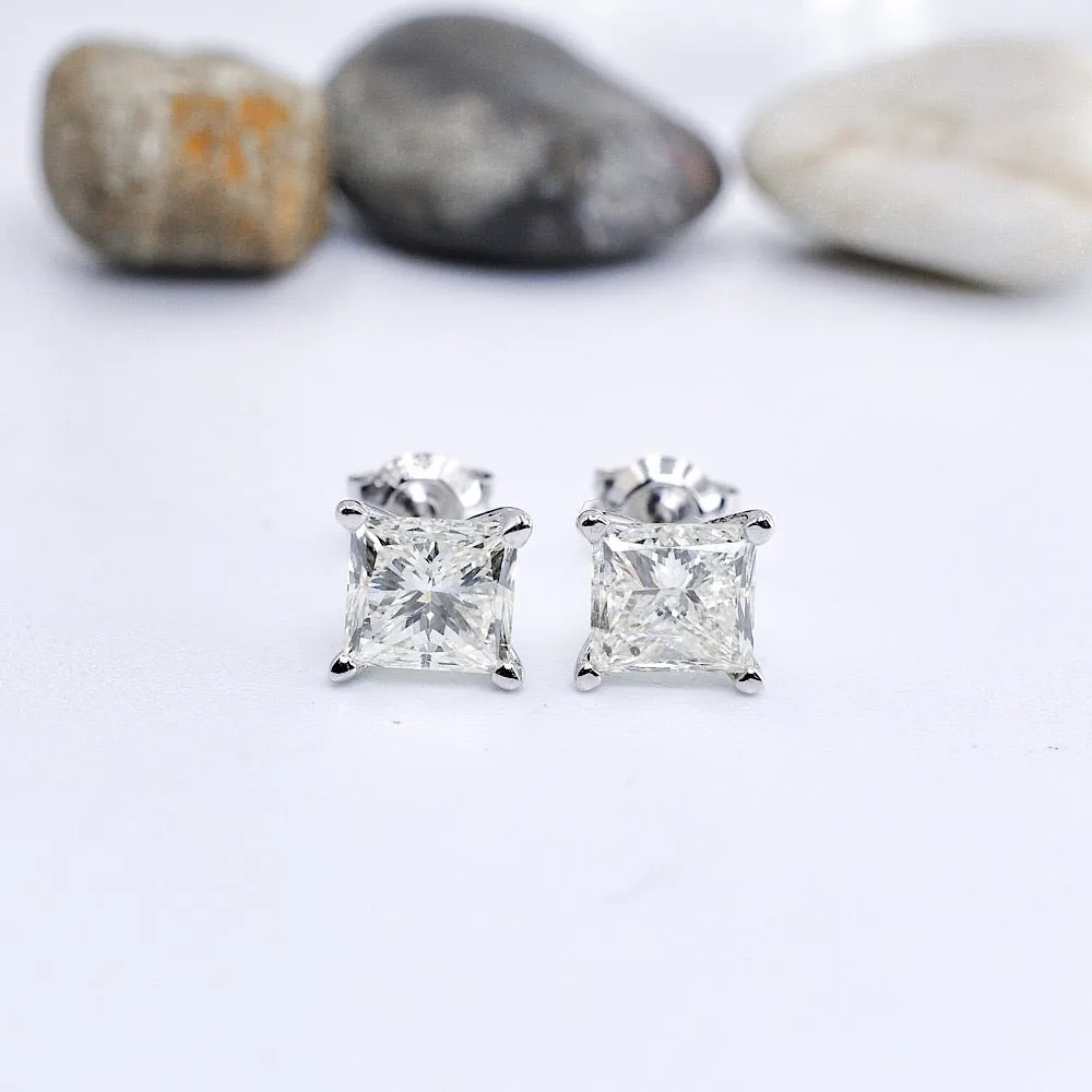 Certified 2.00CT Princess Cut Diamond Stud Earrings in 14KT White Gold