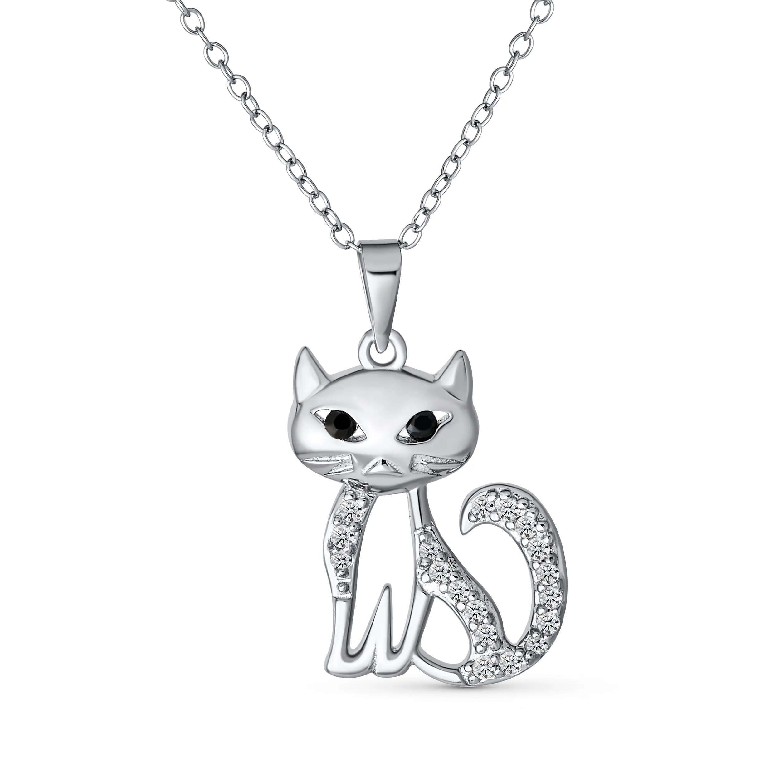 Cute Sitting Kitty Cubic Zirconia Cat Pendant Necklace in Sterling Silver