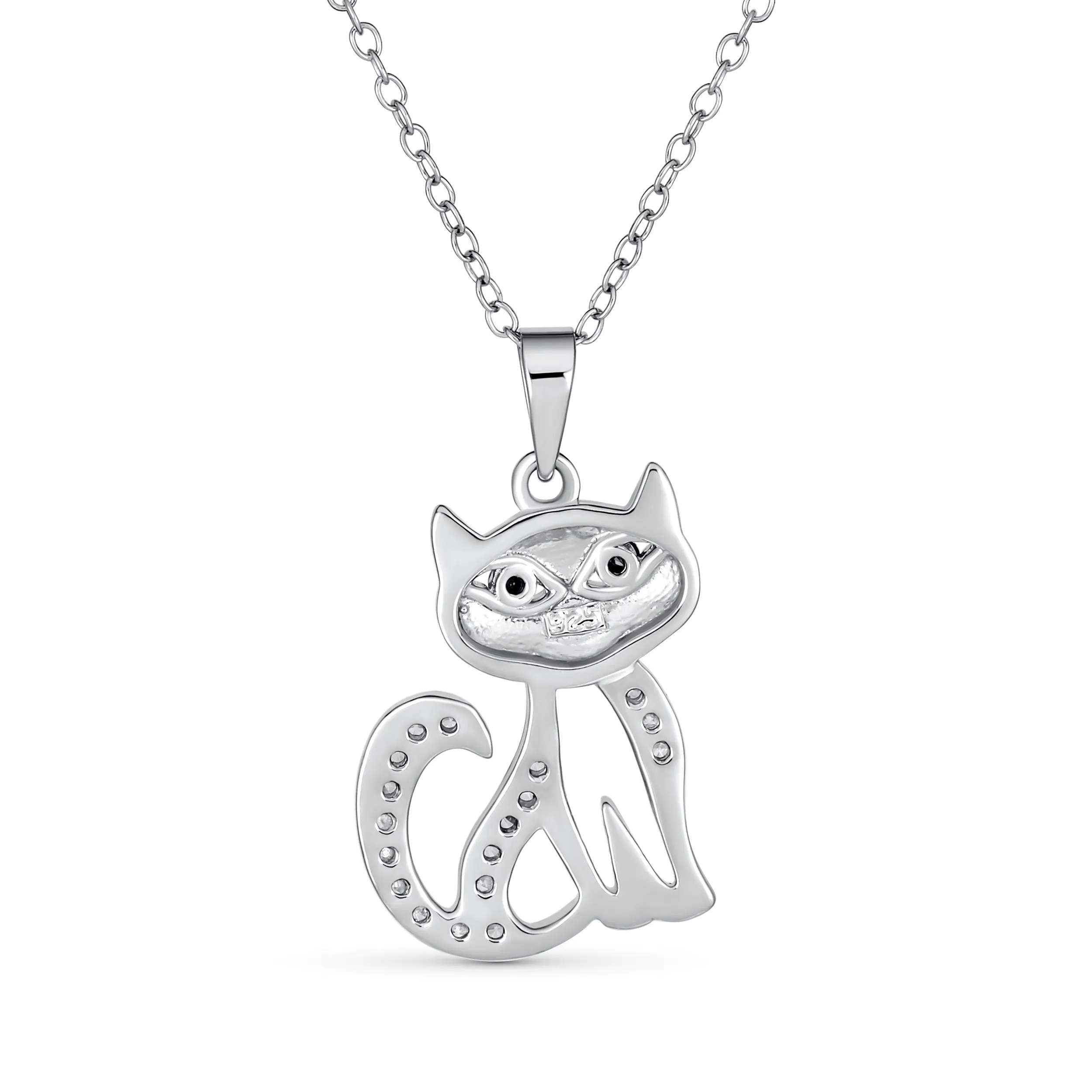 Cute Sitting Kitty Cubic Zirconia Cat Pendant Necklace in Sterling Silver