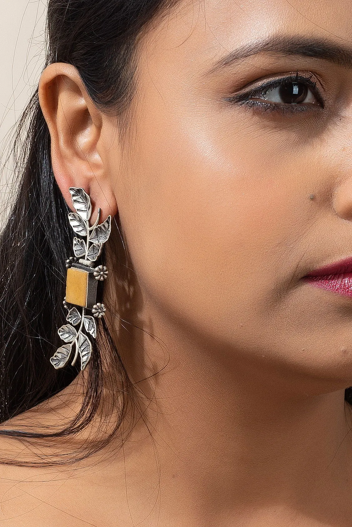 Designer Oxidised Silver Leaf with Yellow Stone Earrings - Unique Long Studs for Any Occasion