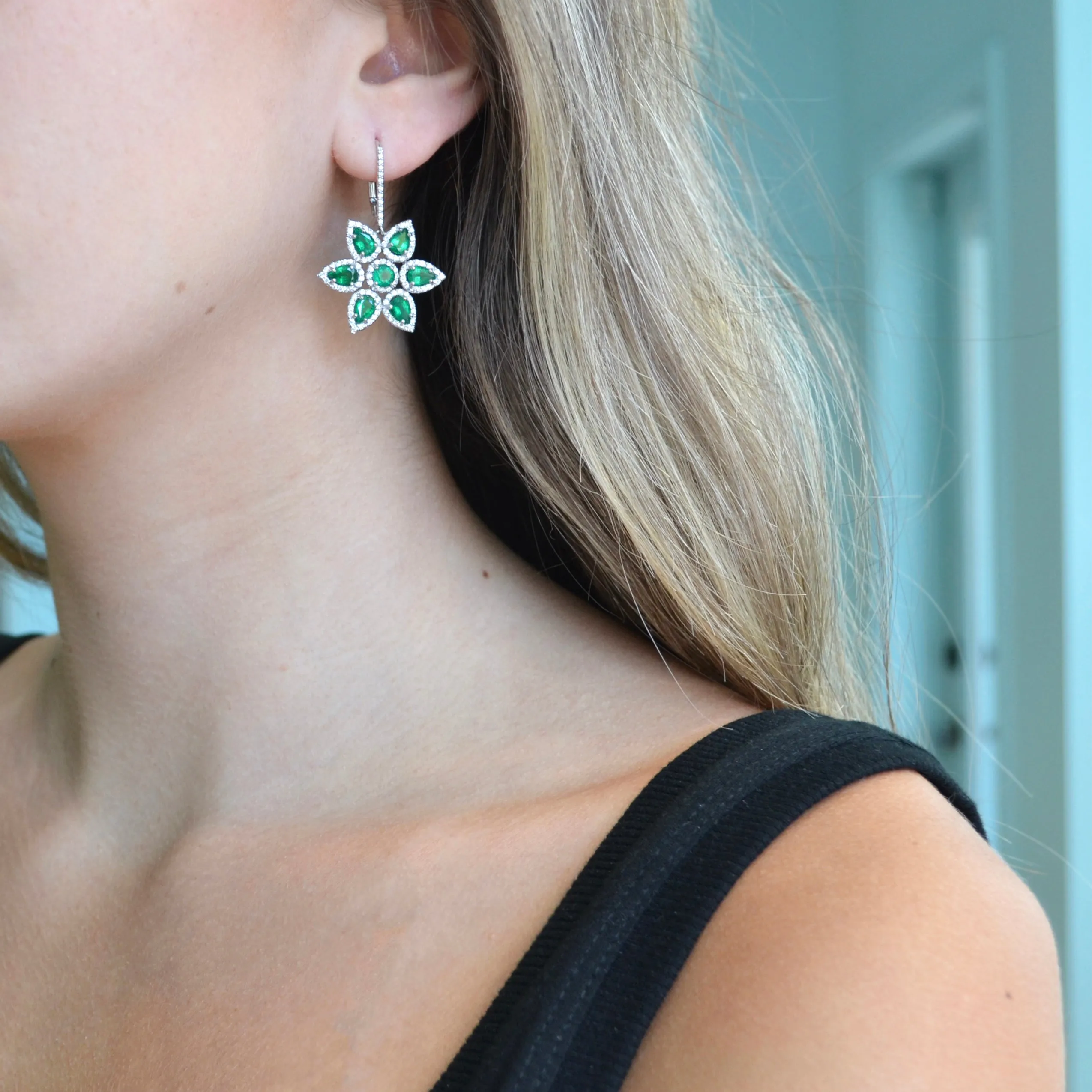 Eclat Jewels - One of a Kind Flower Earrings with Emeralds and Diamonds