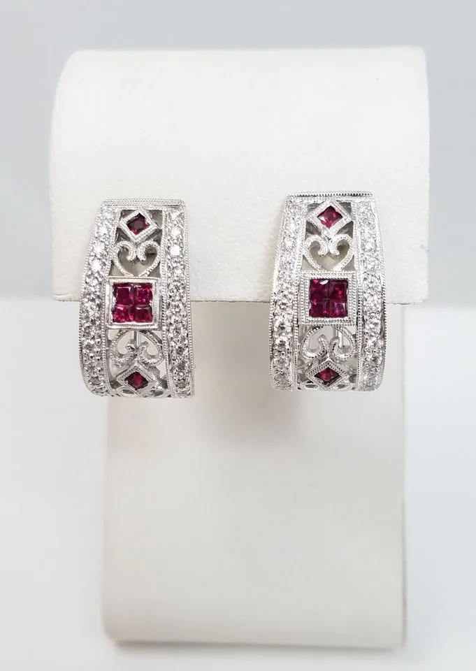 Elegant 14k White Gold Ruby Diamond Huggie Earrings