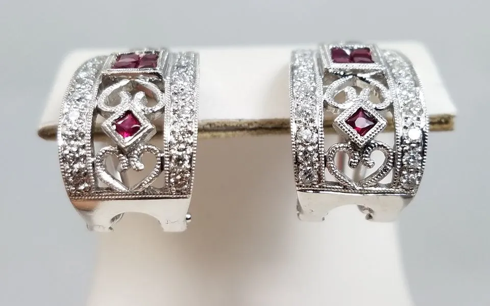 Elegant 14k White Gold Ruby Diamond Huggie Earrings