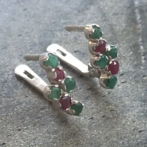 Emerald Vintage Earrings - Asymmetric Silver Studs - Ruby Dainty Earrings