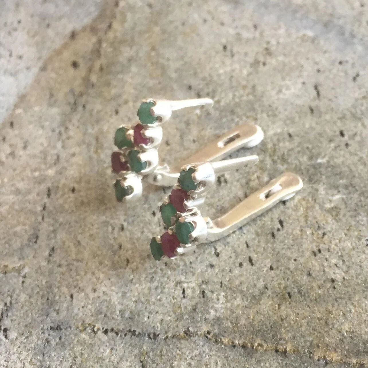 Emerald Vintage Earrings - Asymmetric Silver Studs - Ruby Dainty Earrings