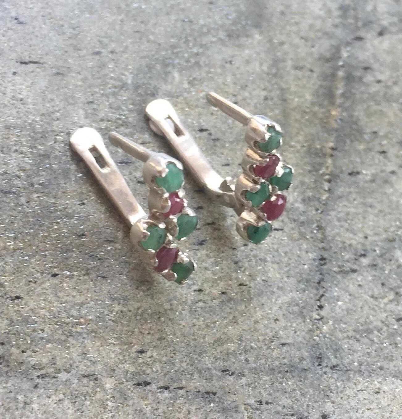 Emerald Vintage Earrings - Asymmetric Silver Studs - Ruby Dainty Earrings