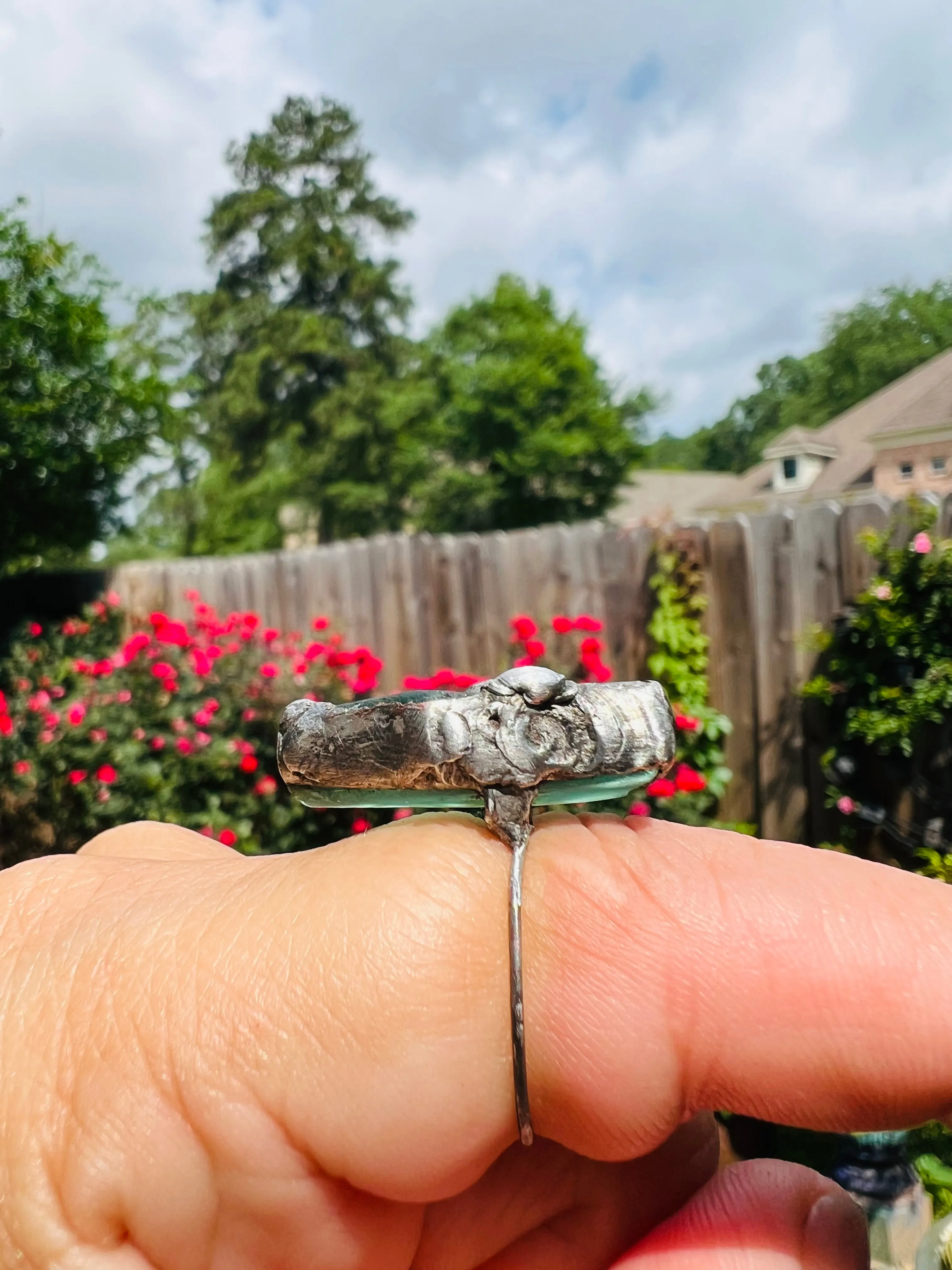 Green Sea Glass Ring Artisan Crafted with Boho Metalwork Size 8