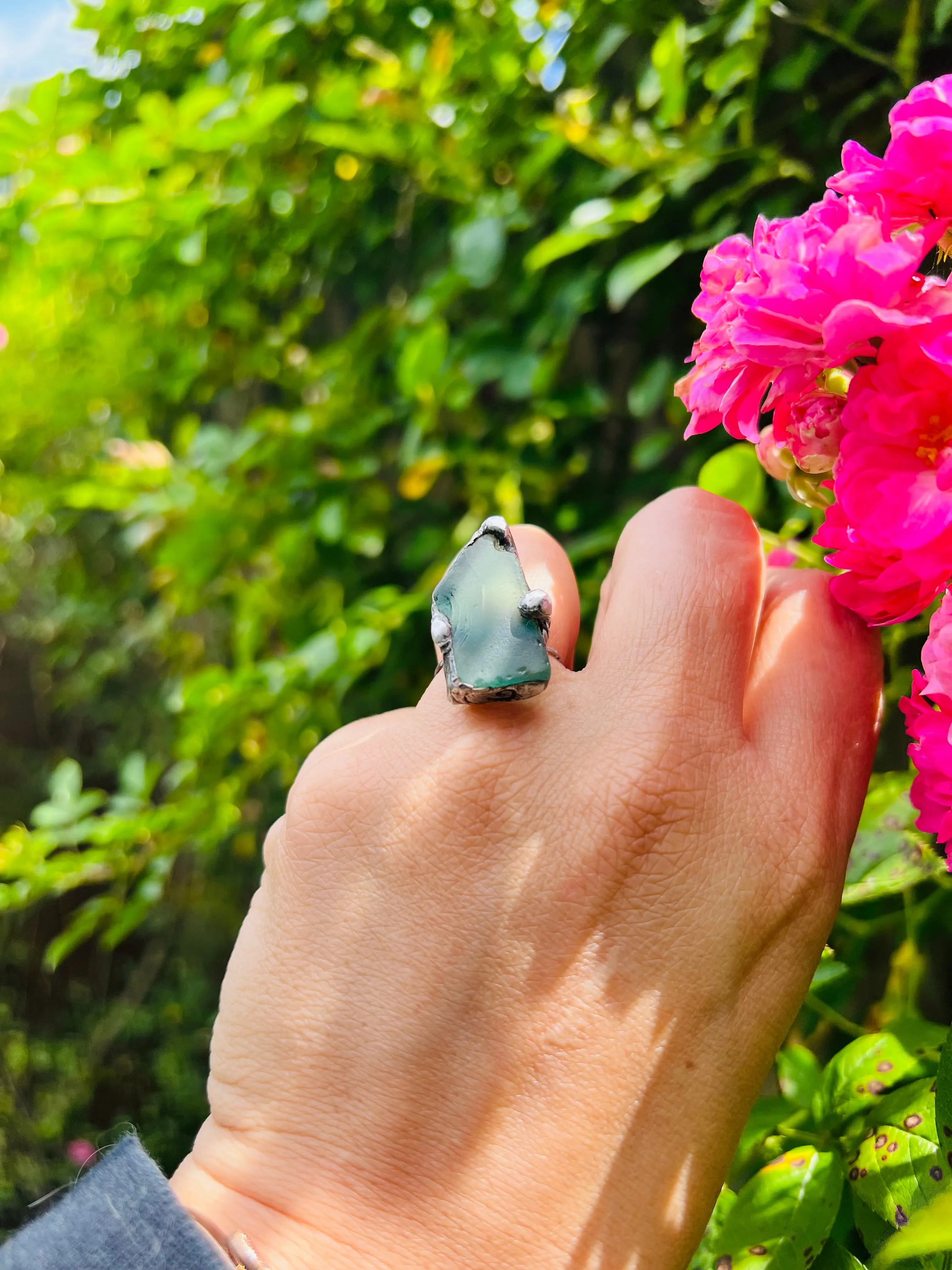 Green Sea Glass Ring Artisan Crafted with Boho Metalwork Size 8