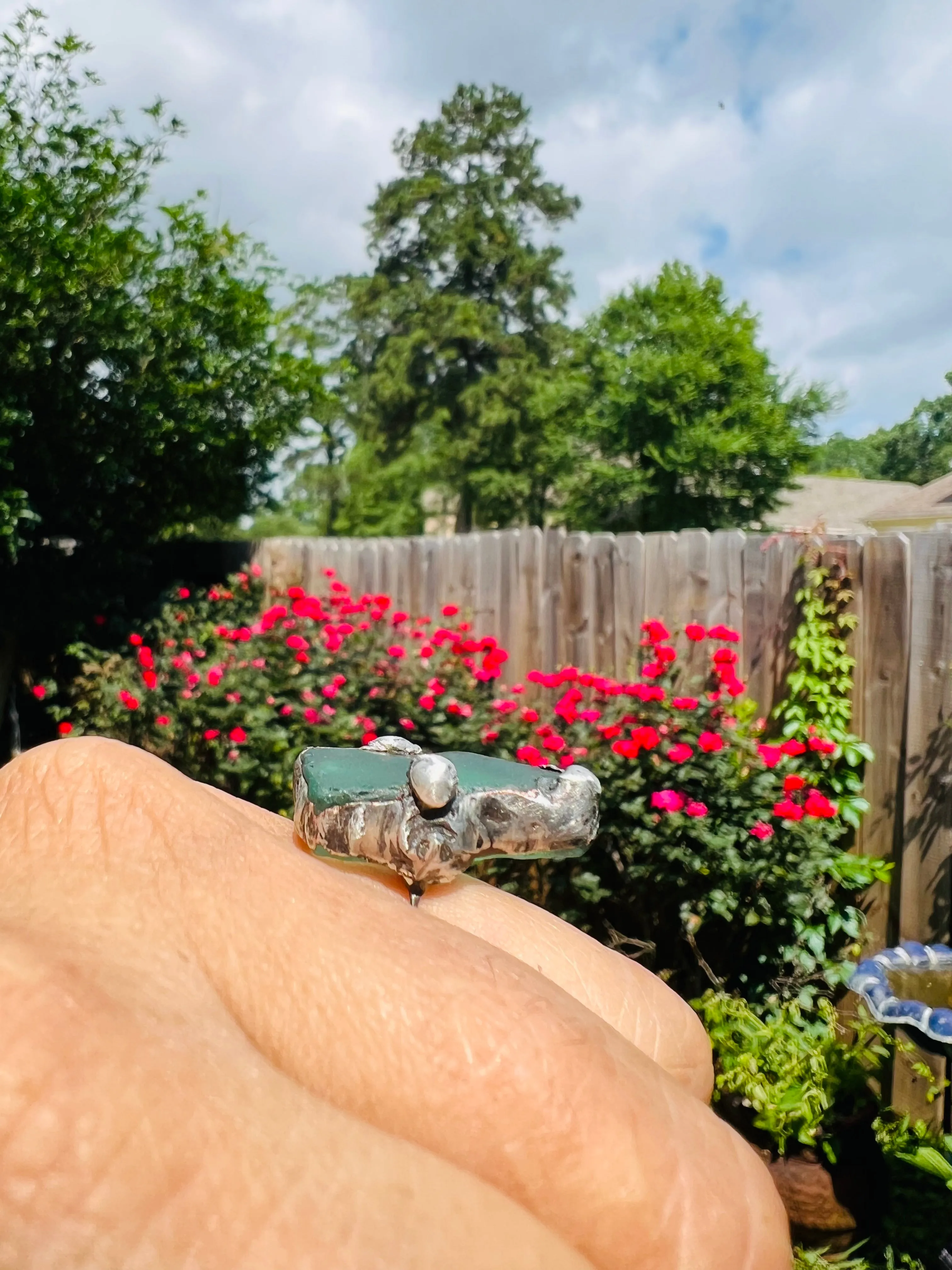 Green Sea Glass Ring Artisan Crafted with Boho Metalwork Size 8