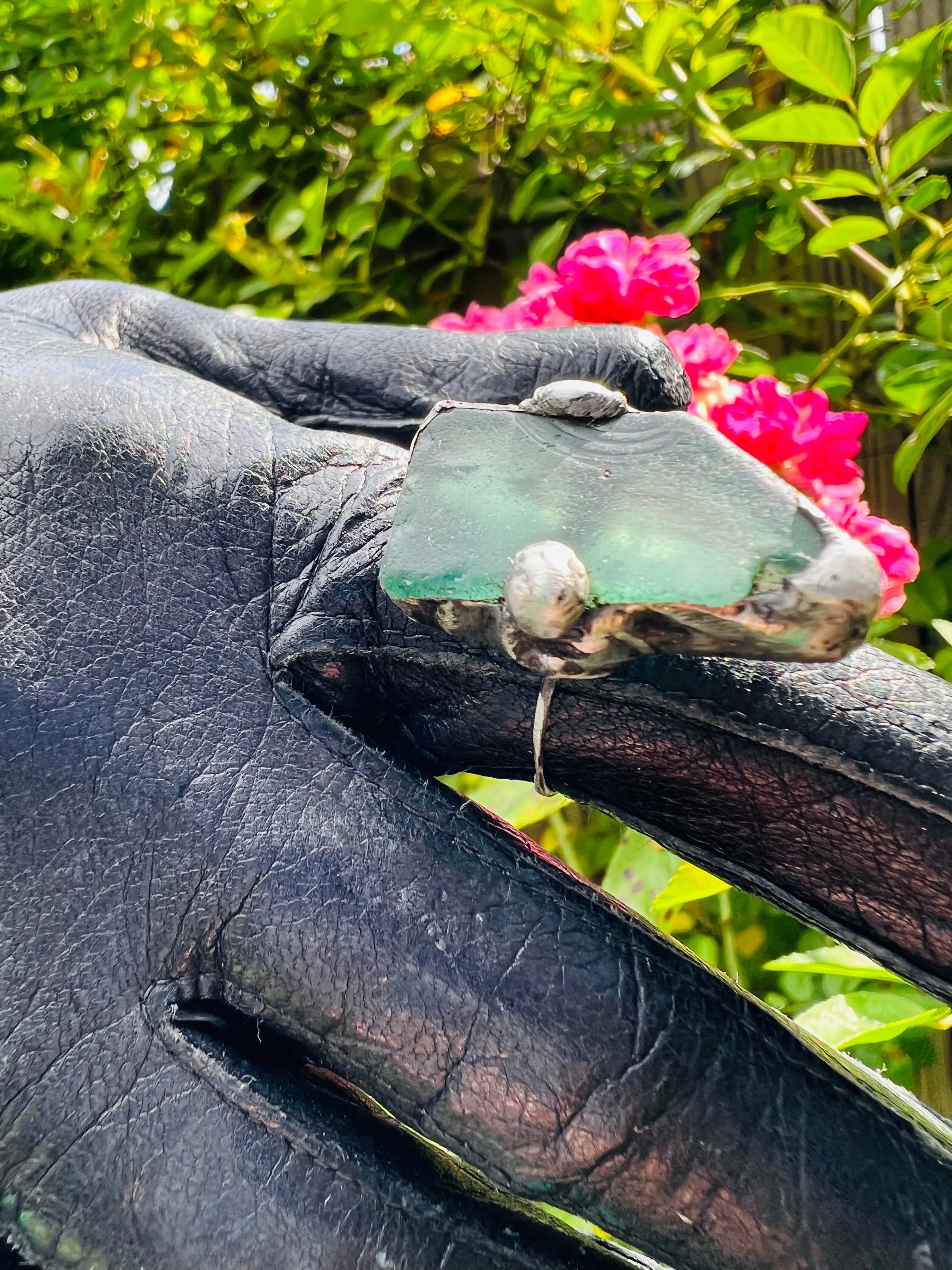 Green Sea Glass Ring Artisan Crafted with Boho Metalwork Size 8