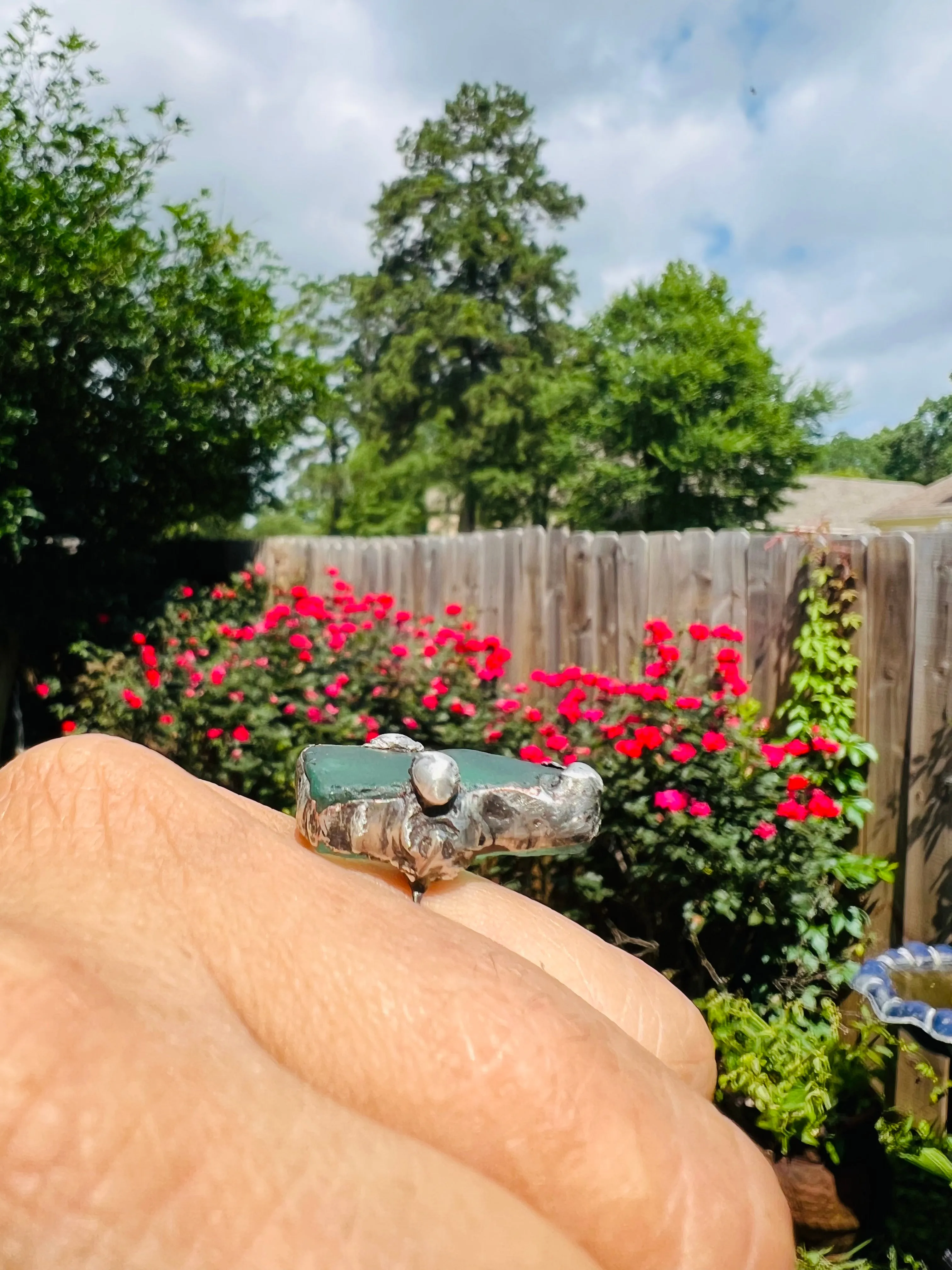 Green Sea Glass Ring Artisan Crafted with Boho Metalwork Size 8