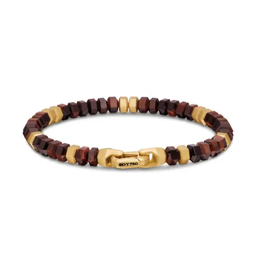 Hex Bead Bracelet with Red Tigers Eye and 18K Yellow Gold, 6mm, Size Medium