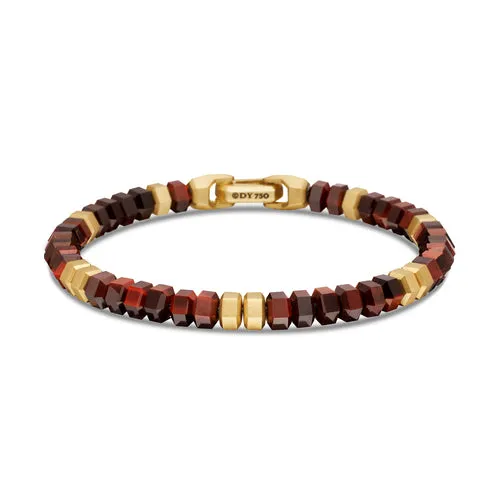 Hex Bead Bracelet with Red Tigers Eye and 18K Yellow Gold, 6mm, Size Medium