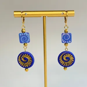 Indigo and Gold Czech Glass Ammonite Earrings