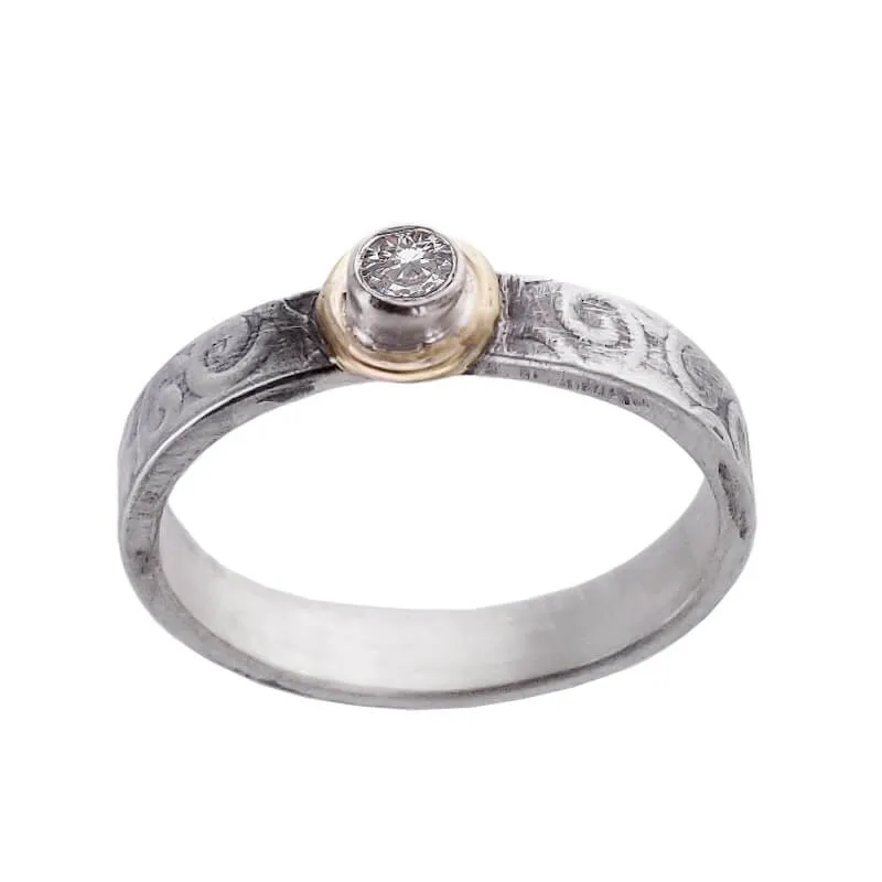 J & I Slender Swirling Etched Sterling Gold CZ Ring