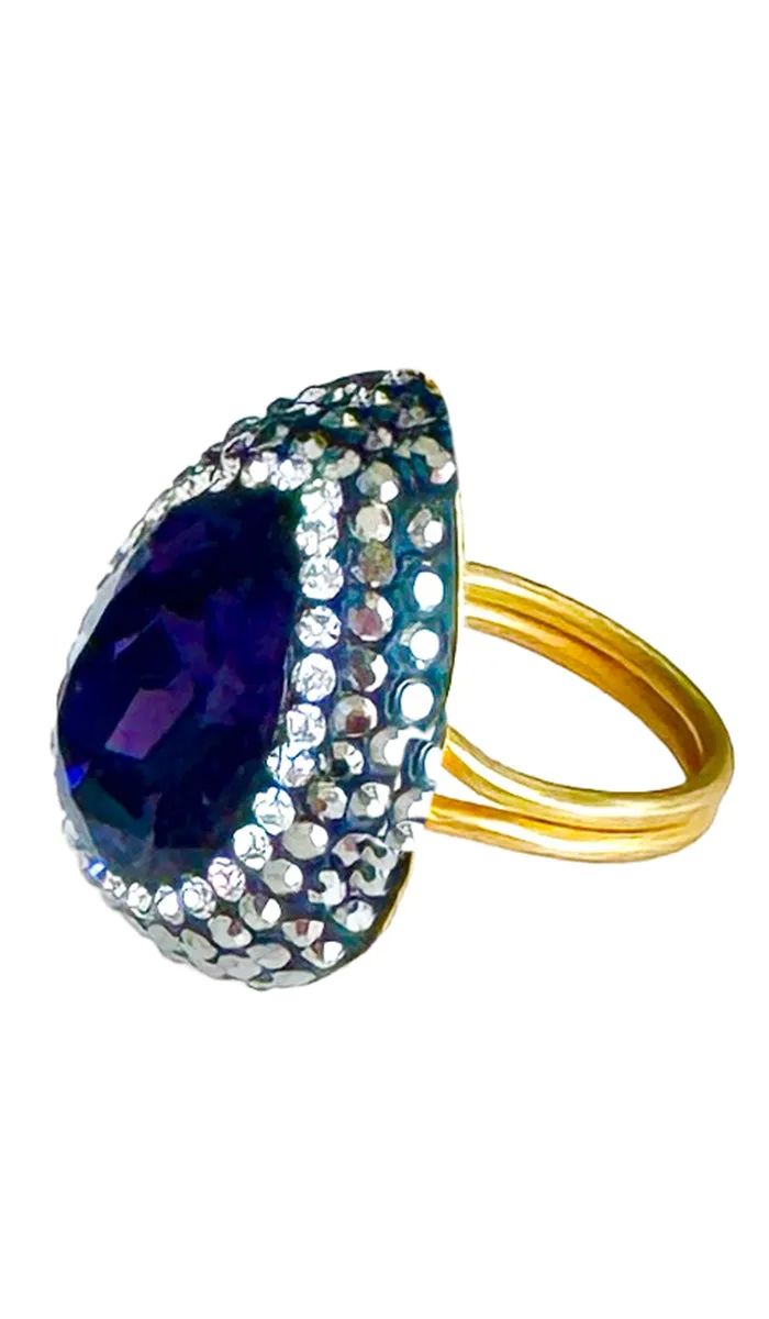 Jeweled Purple and Smoky Crystal Teardrop Cocktail Ring