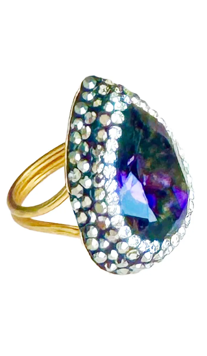 Jeweled Purple and Smoky Crystal Teardrop Cocktail Ring