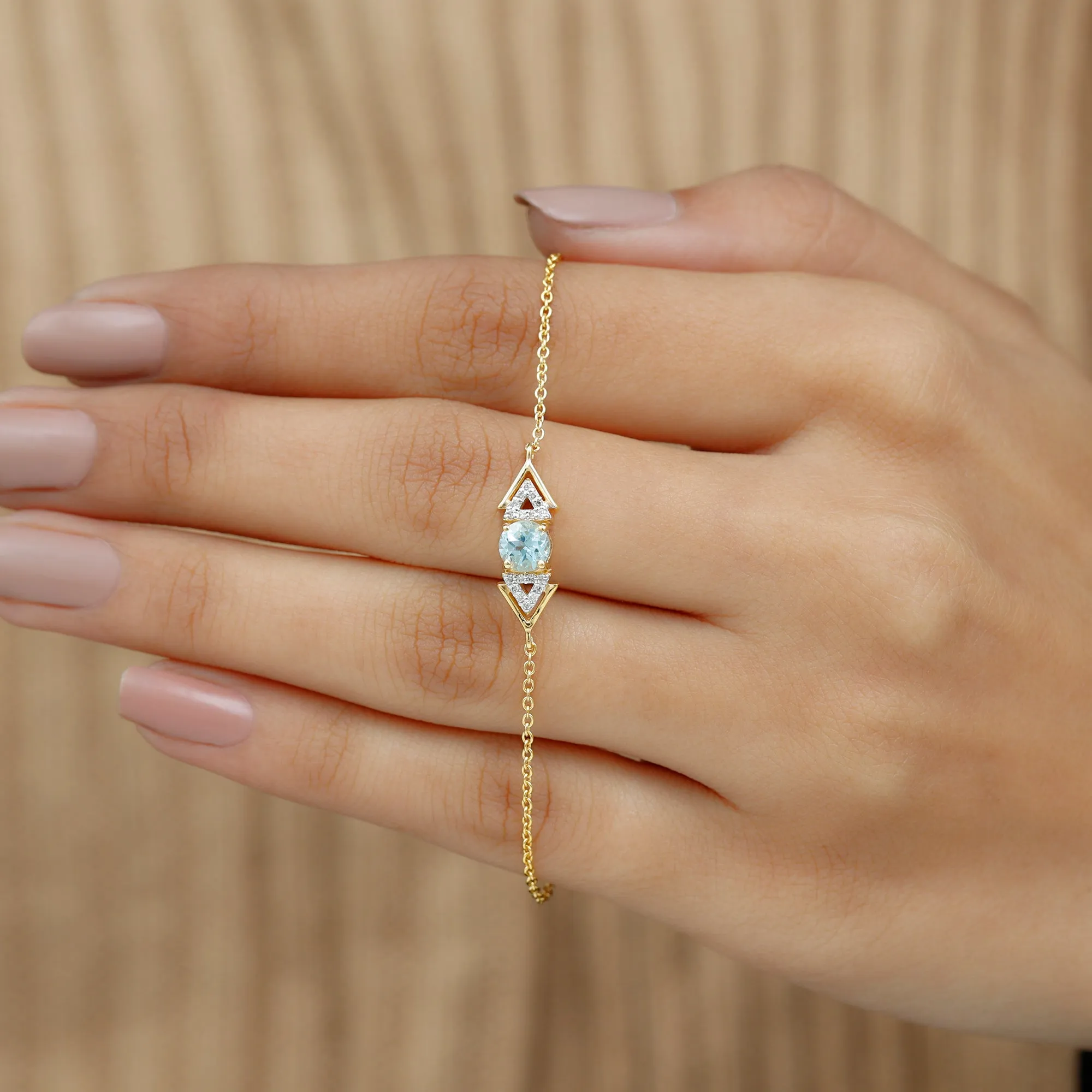 Minimal Sky Blue Topaz and Diamond Geometric Chain Bracelet