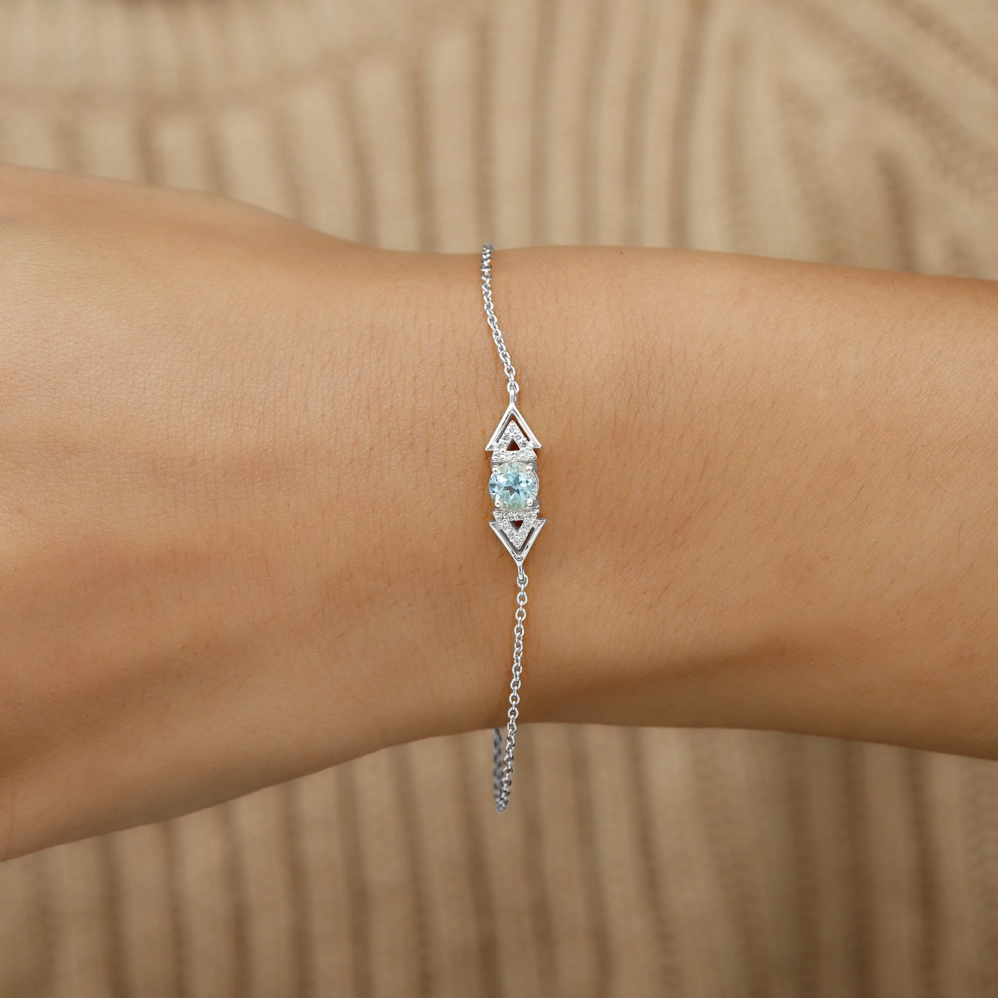 Minimal Sky Blue Topaz and Diamond Geometric Chain Bracelet