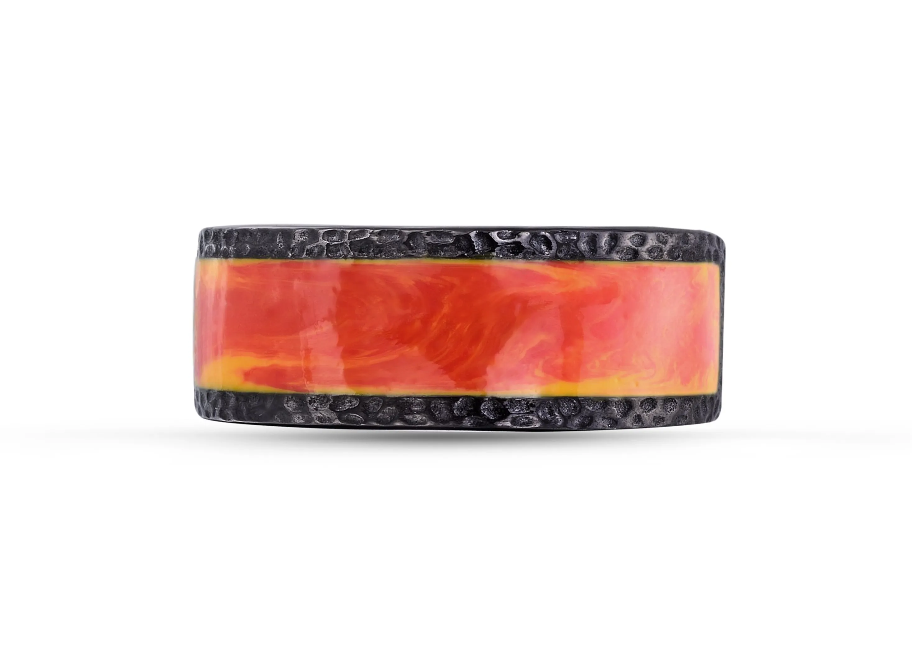 Mista Lava Black Rhodium Plated Sterling Silver Textured Red Orange Enamel Band Ring