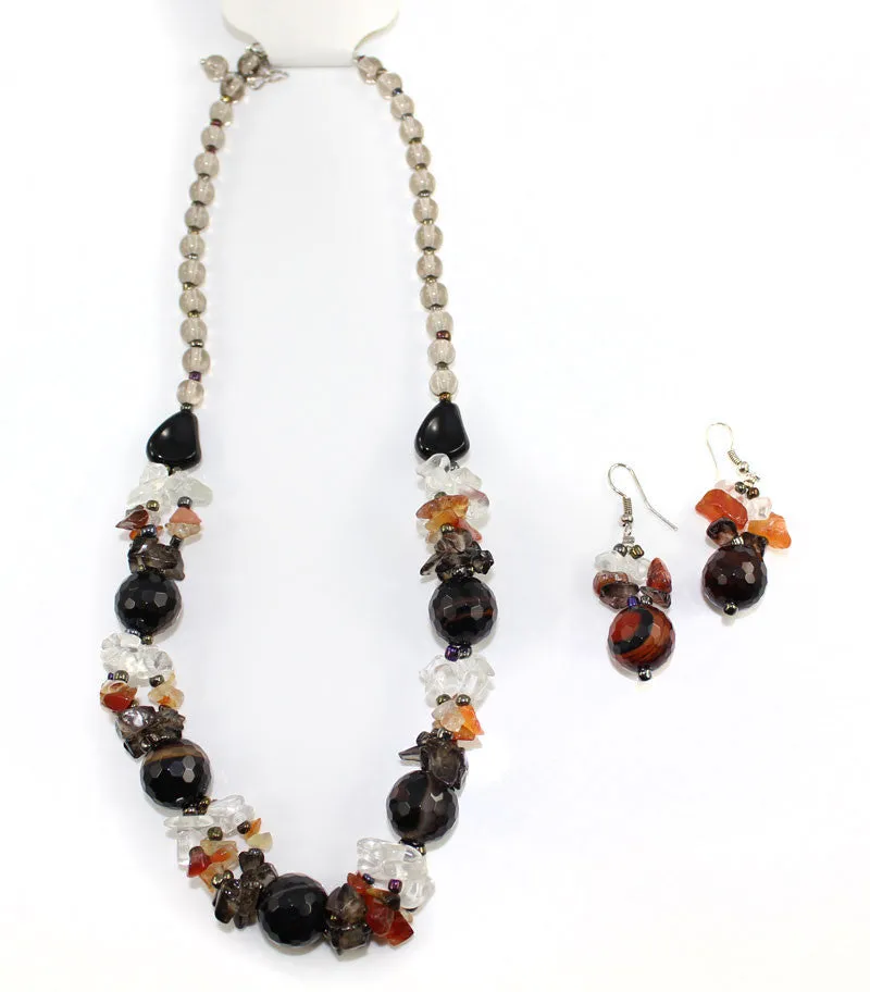 Natural Stone & Glass & Beads Multi Color Necklace and Earrings Set - Black