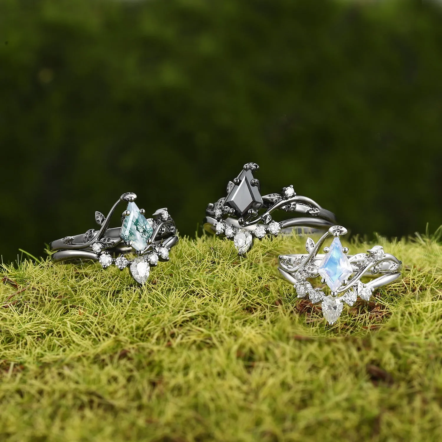 Nature Inspired - Unique Kite Cut Moss Agate Leafy Bridal Ring Sets 2pcs - Willow