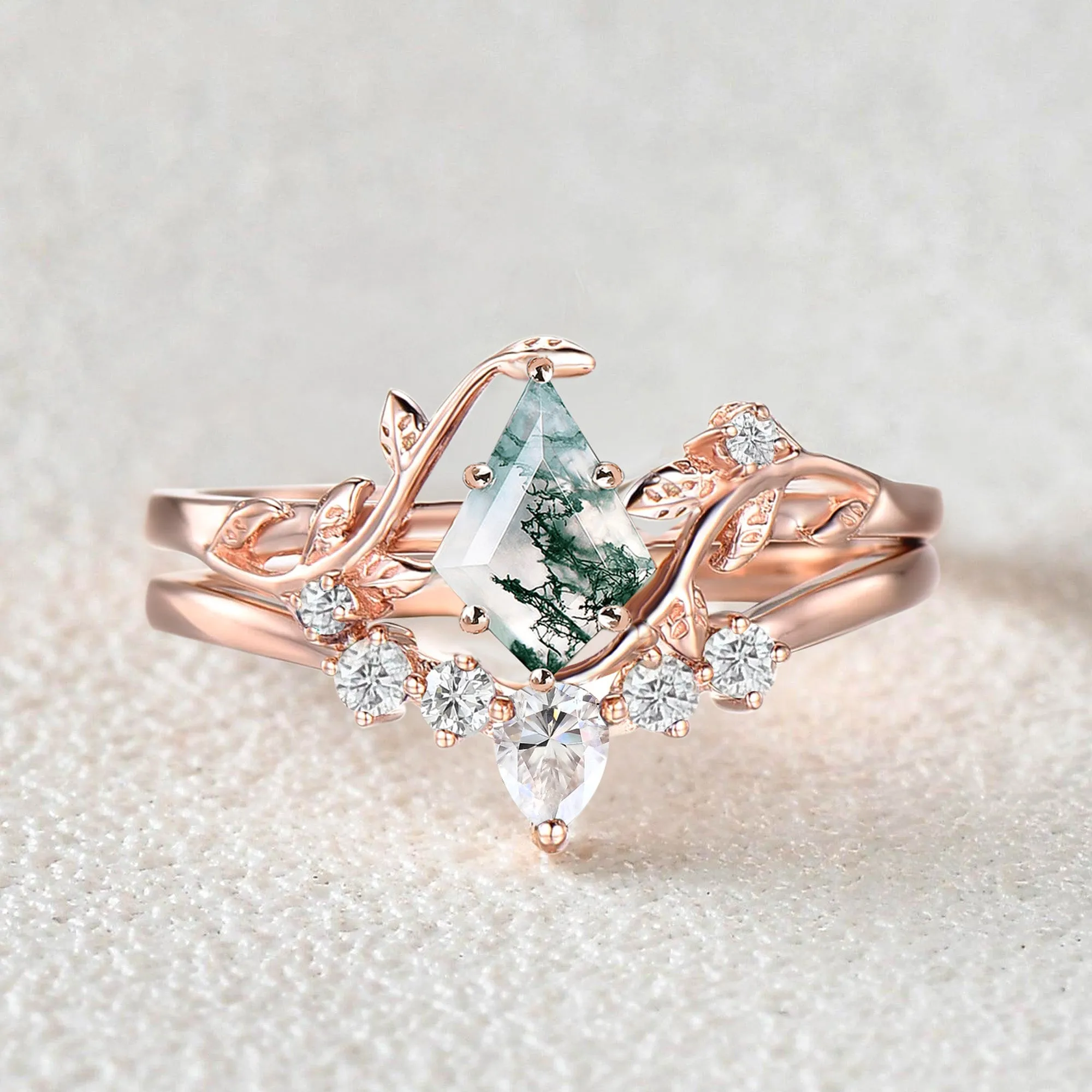 Nature Inspired - Unique Kite Cut Moss Agate Leafy Bridal Ring Sets 2pcs - Willow