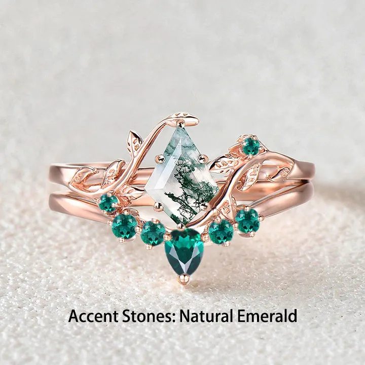 Nature Inspired - Unique Kite Cut Moss Agate Leafy Bridal Ring Sets 2pcs - Willow