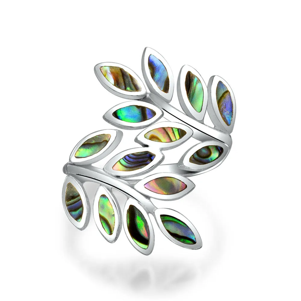 Nature Ivy Rainbow Shell Wrap Silver Ring with Laurel Vine Leaf Bypass Abalone Design